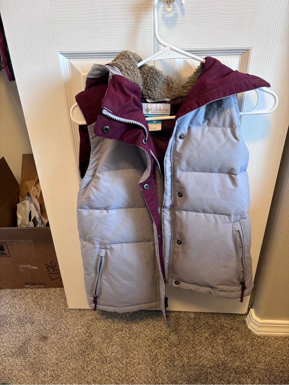 Columbia Puffer Vest in Gray and Burgundy